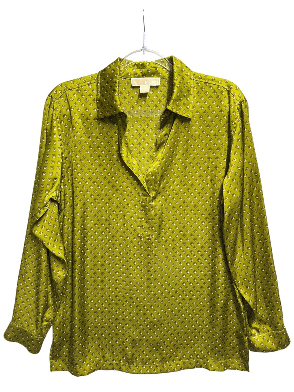 Tuxedo Satin Silky Knit Geometric Aztec Diamonds Shirt Blouse Top